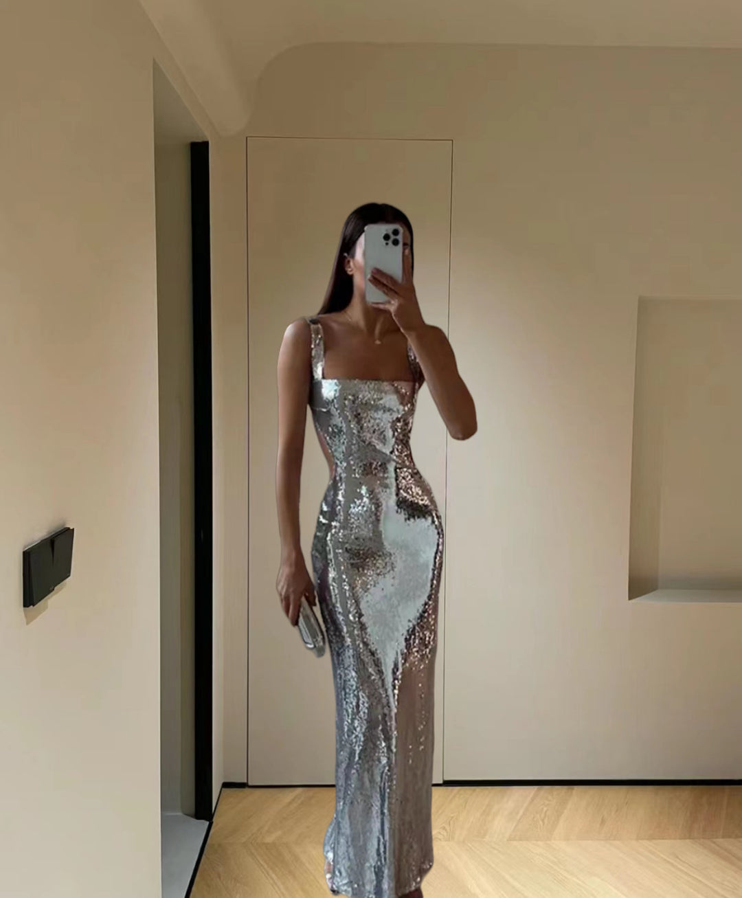 Damen Glitzerndes Maxikleid mit schmalem Schnitt und schimmernden Pailletten R&B