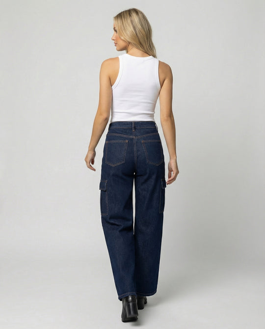 Damen nan hohes Taillen-Jeansmodell im Baggy-Palazzo-Schnitt mit Cargo-Klappentasche und formgebenden Abnähern R&B