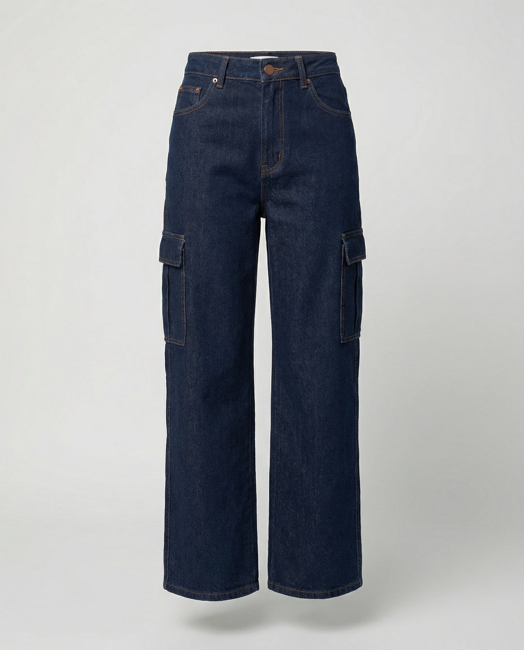 Damen nan hohes Taillen-Jeansmodell im Baggy-Palazzo-Schnitt mit Cargo-Klappentasche und formgebenden Abnähern R&B