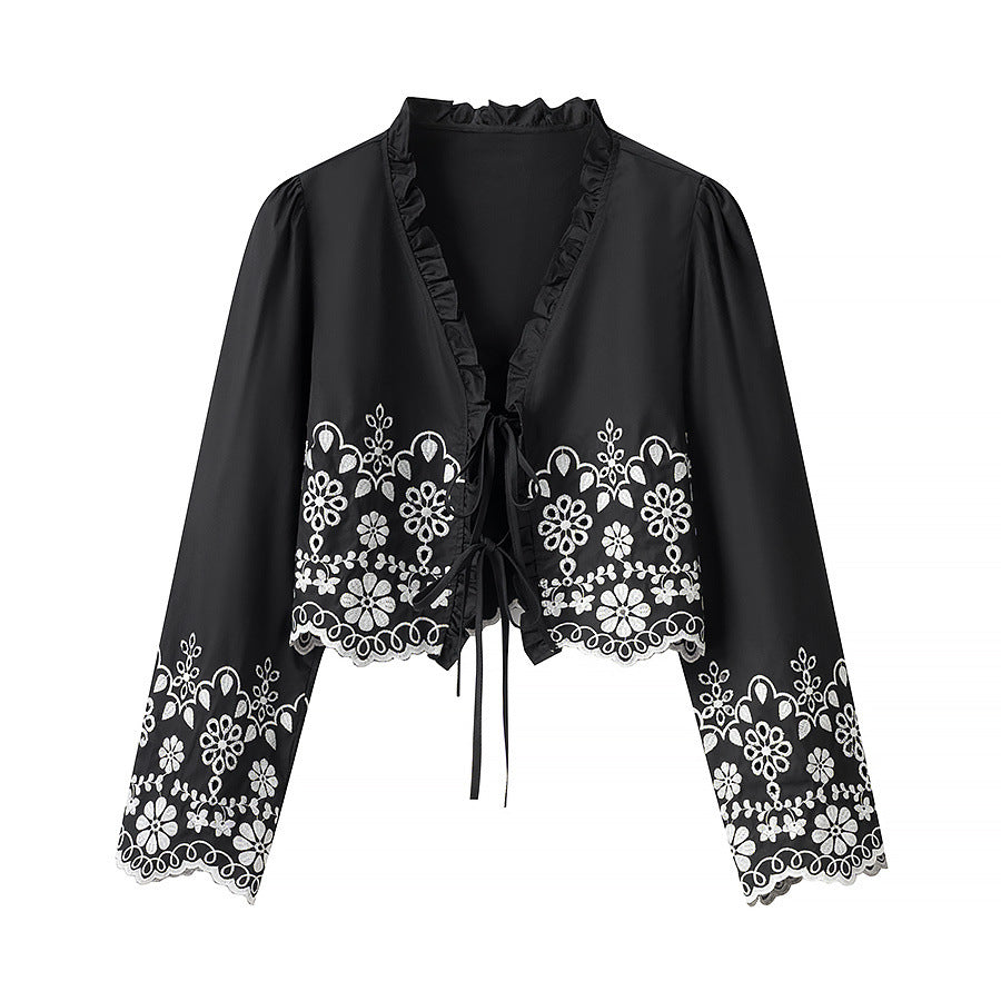 Damen elegante Bluse mit floralen Stickereien und Rüschen R&B