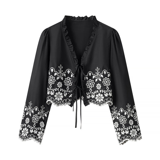 Damen elegante Bluse mit floralen Stickereien und Rüschen R&B