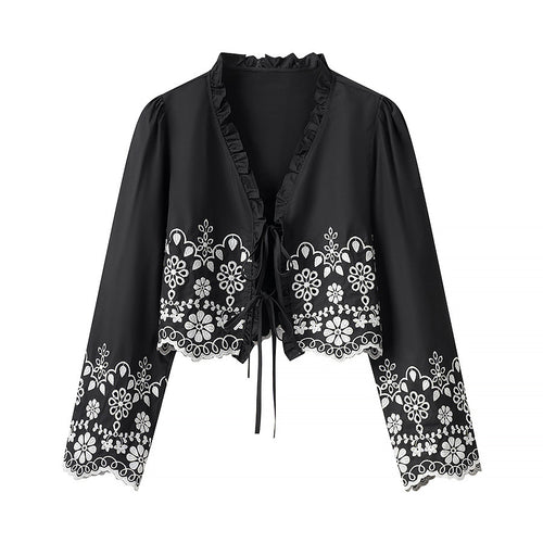 Damen elegante Bluse mit floralen Stickereien und Rüschen R&B