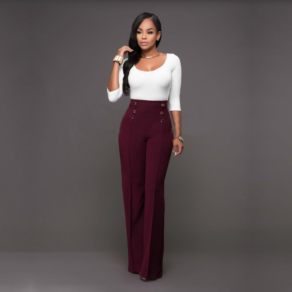 Damen hochtaillierte Palazzo-Hose mit dekorativen Knopfdetails R&B
