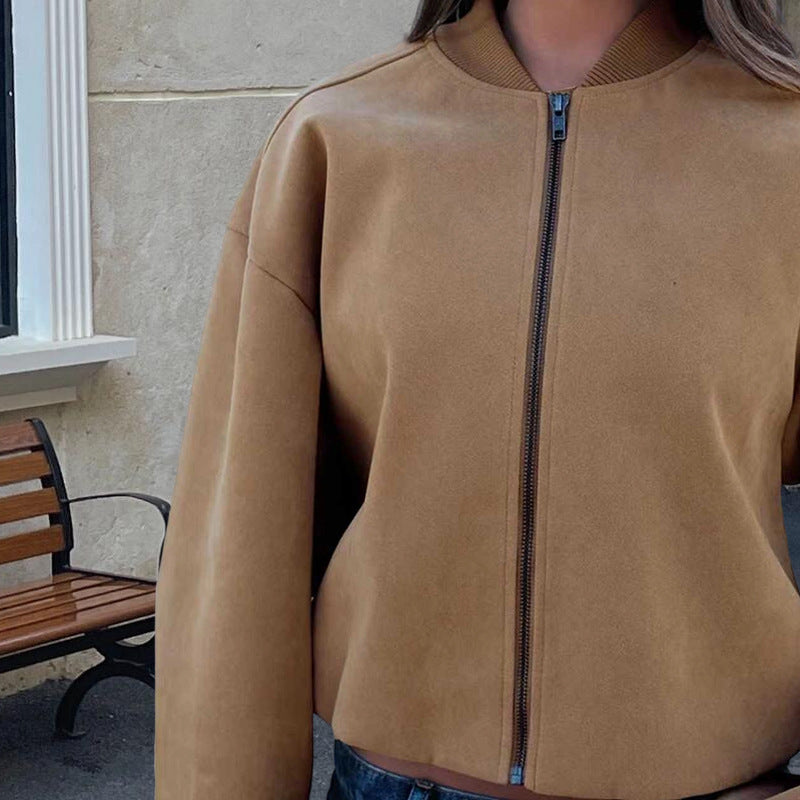 Damen Modische kurz geschnittene Lammfelljacke mit voluminösen Ärmeln R&B