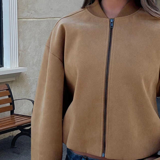 Damen Modische kurz geschnittene Lammfelljacke mit voluminösen Ärmeln R&B