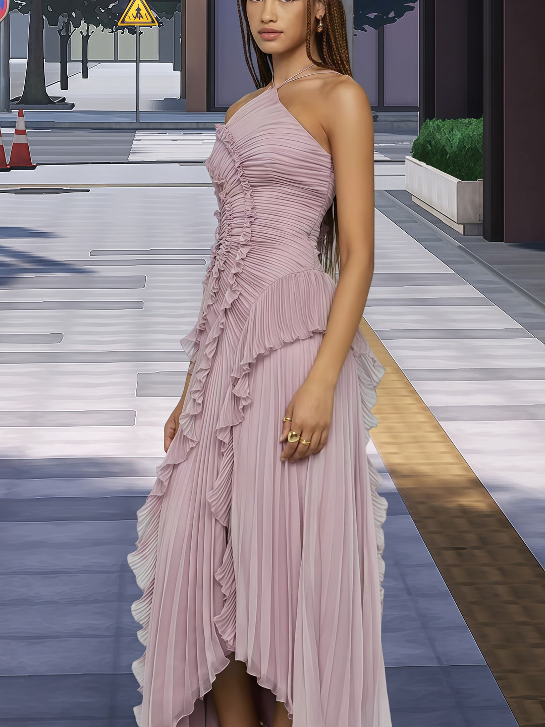Damen Elegantes Wickelkleid mit fließendem Faltenrock und asymmetrischen Rüschendetails R&B