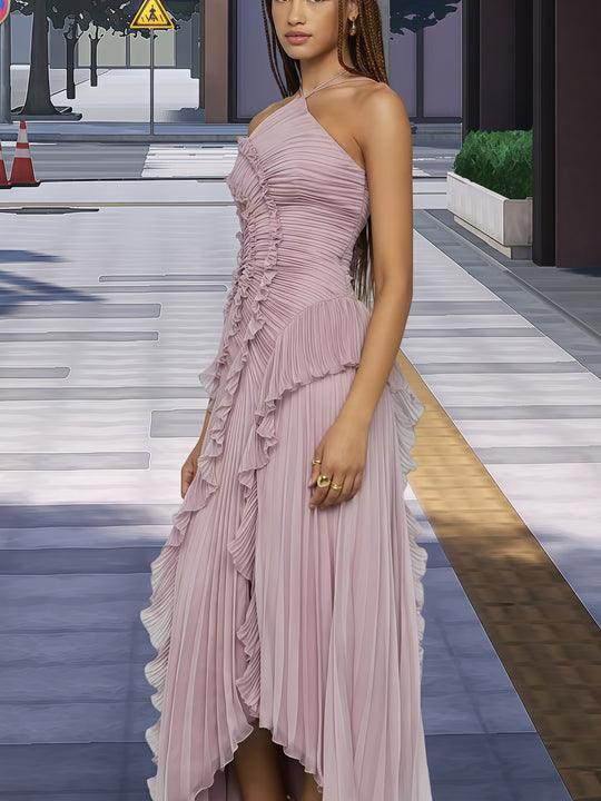Damen Elegantes Wickelkleid mit fließendem Faltenrock und asymmetrischen Rüschendetails R&B