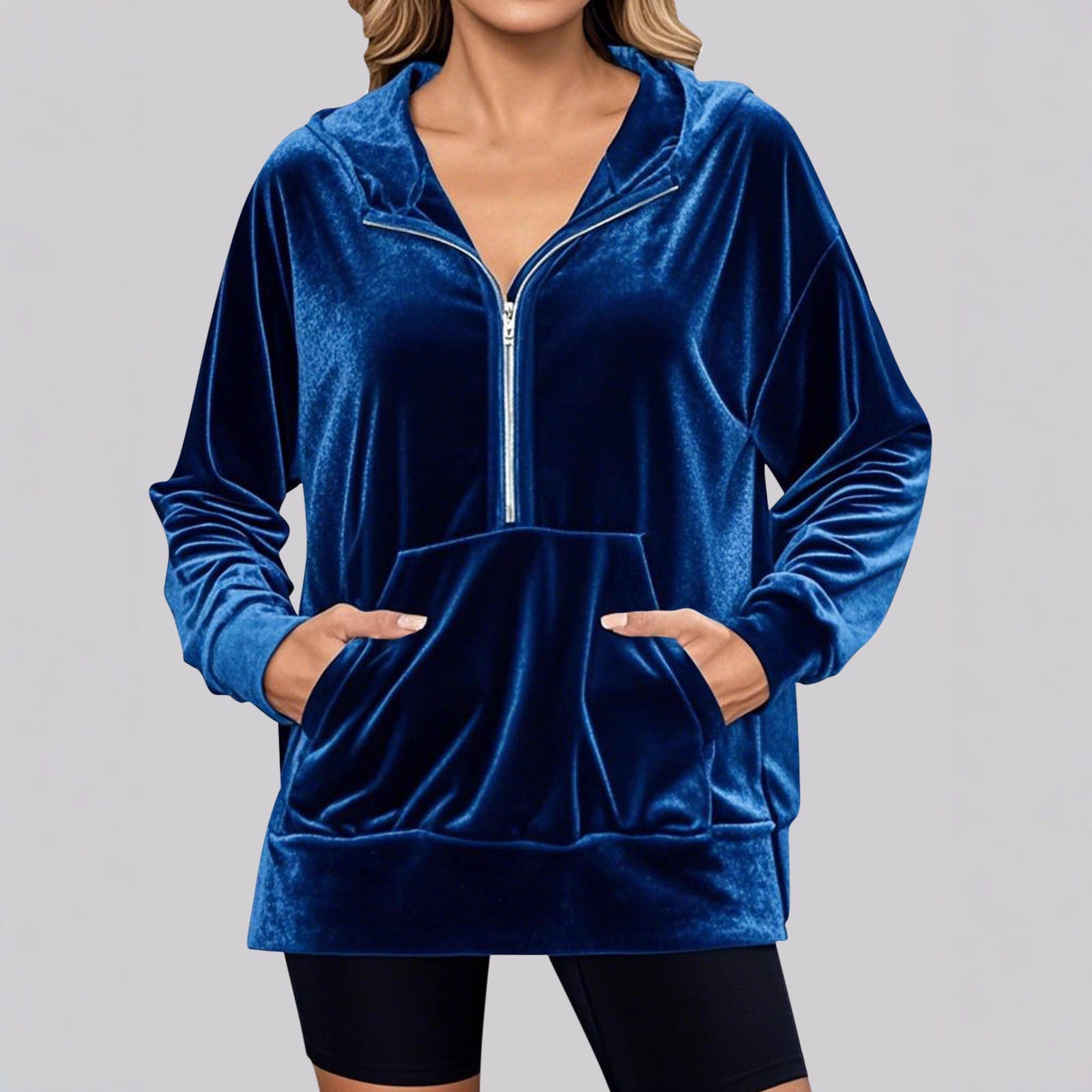 Damen Lässiger Velvet Hoodie mit praktischem Reißverschluss und Kängurutasche R&B