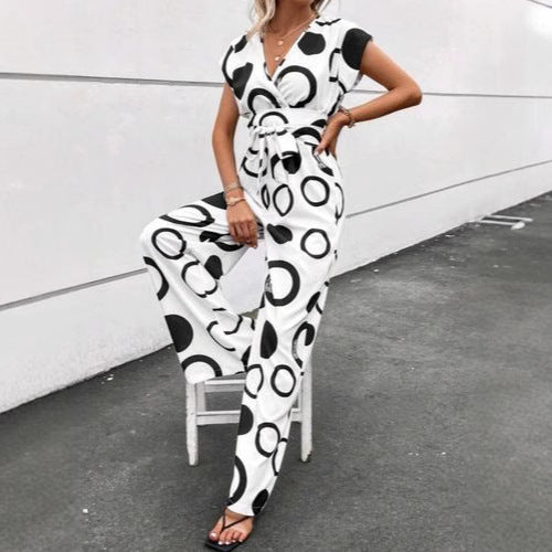 Damen Jumpsuit mit modernem Kreismuster und Taillengürtel R&B