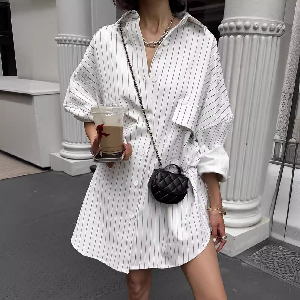 Damen Hemdblusenkleid mit sportlichem Streifenmuster und bequemen Kurzärmeln R&B