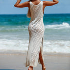 Damen luftiges Häkel-Strandkleid mit elegantem V-Ausschnitt und hohem Schlitz R&B