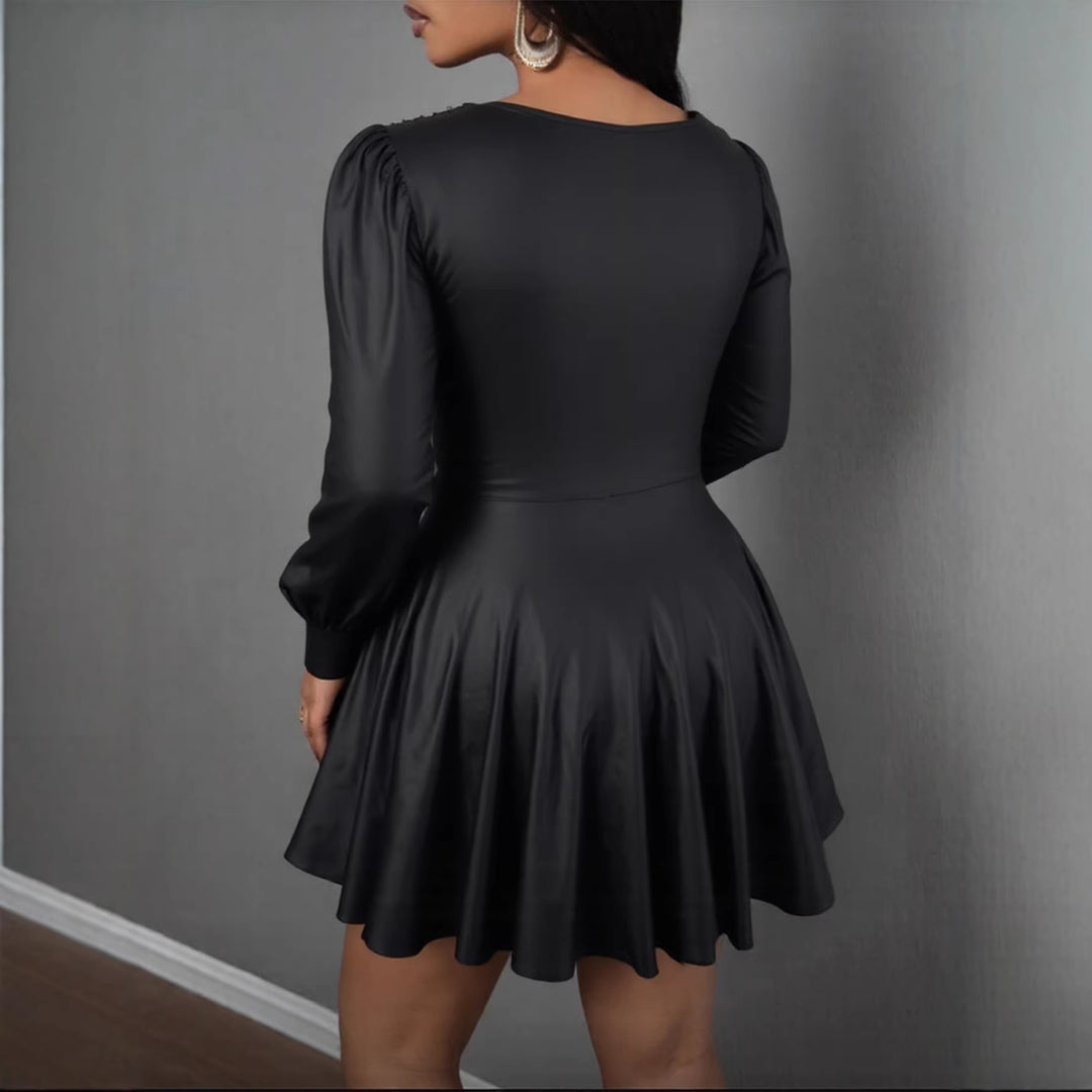 Damen elegantes Minikleid mit tiefem V-Ausschnitt und voluminösen Puffärmeln R&B
