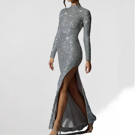 Damen Glamouröses Abendkleid mit langem Arm und schimmerndem Schlitz R&B