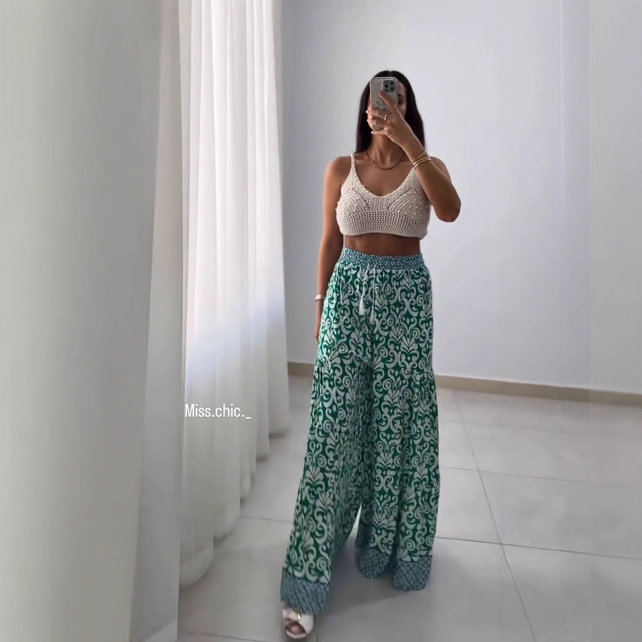 Damen weite Baumwollhose mit eingezogenem Gummibund und modernen Mustern R&B