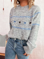 Damen Strickpullover mit buntem Stickdesign und weiten Ärmeln R&B