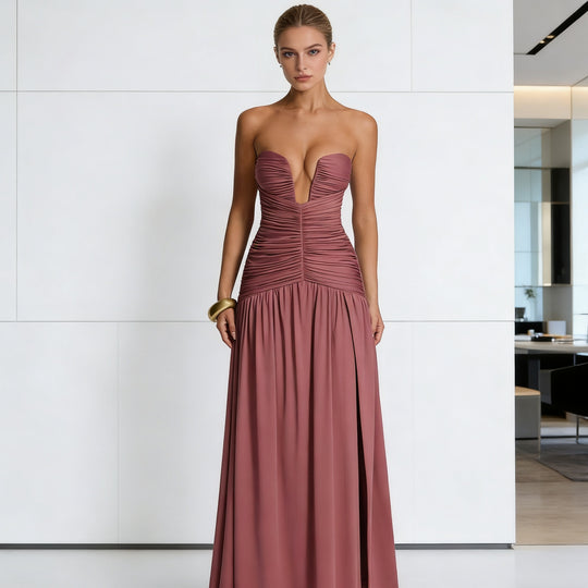Damen Elegantes Maxikleid mit tiefem V-Ausschnitt und raffinierten Drapierungen R&B