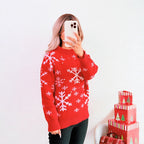 Damen Weihnachts-Pullover mit festlichem Schneemuster und hohem Kragen R&B