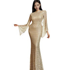 Damen Glamouröses Pailletten-Abendkleid mit schwingenden Ärmeln EB