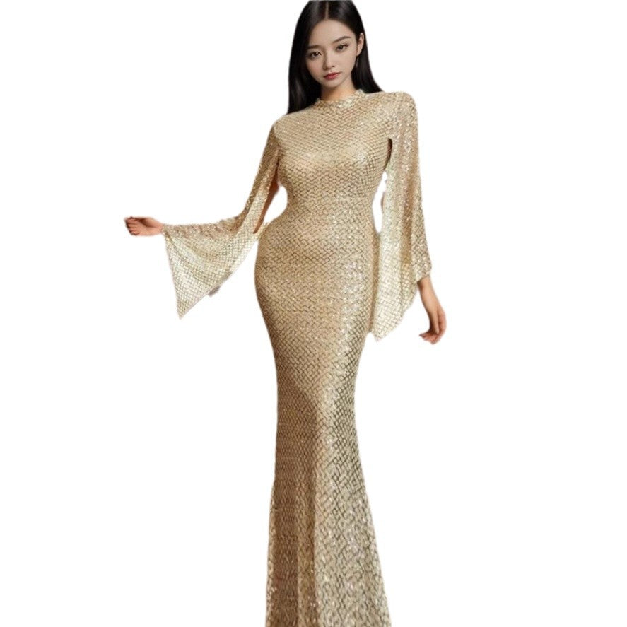 Damen Glamouröses Pailletten-Abendkleid mit schwingenden Ärmeln EB