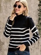 R&B | Gestreifter Strickpullover Mock Neck Schulterknopf-Akzent Langarm-Lässige Passform