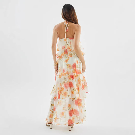 Damen Maxikleid mit schwingenden Volants und modernen Punkten R&B