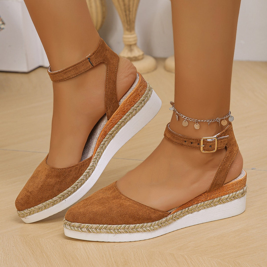 Damen nan geschlossene Velours-Espadrille mit Keilplattform, verstellbarem Knöchelriemen und geflochtenem Bastrand R&B