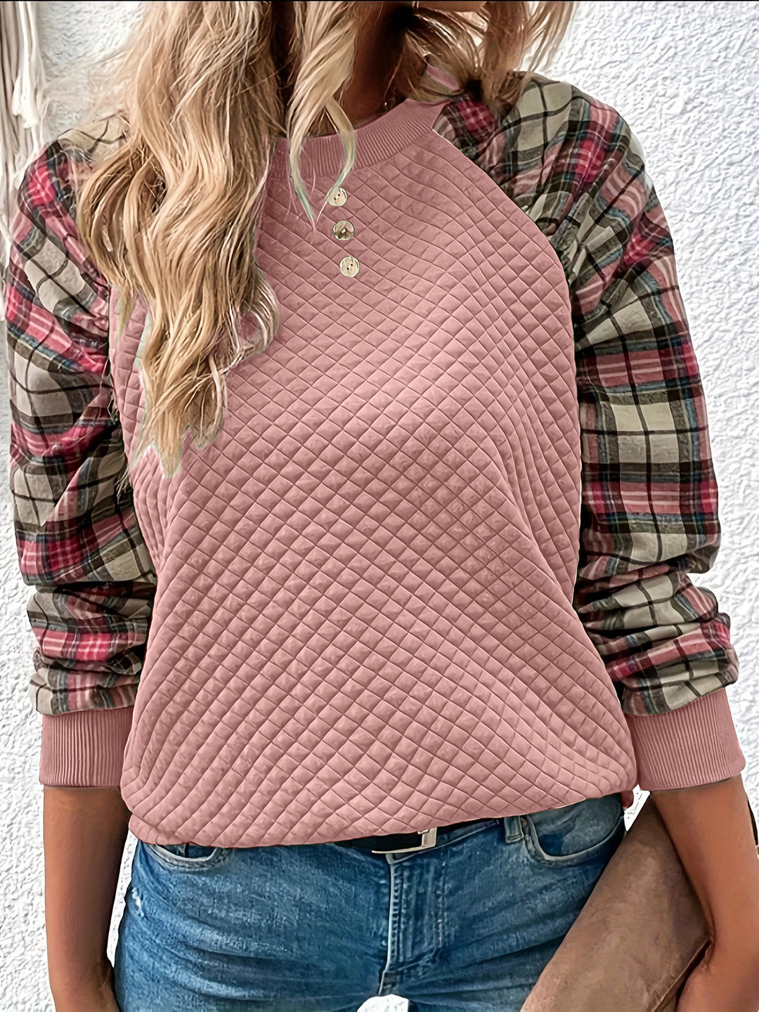 Damen Lässiger Sweatshirt mit gestepptem Design und karierten Ärmeln R&B