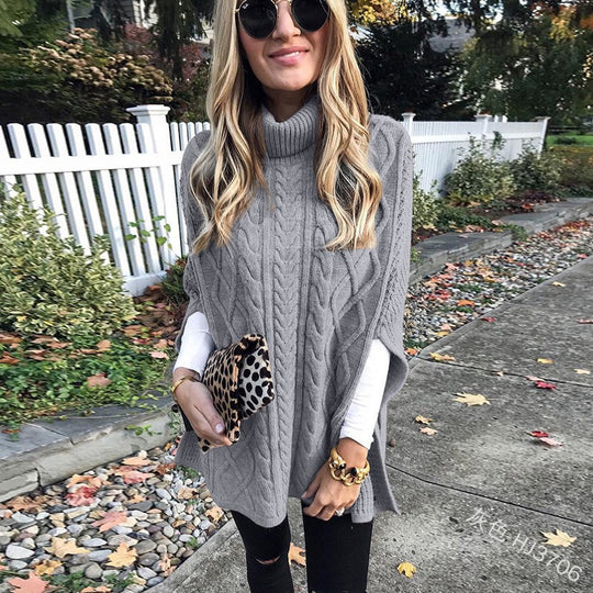 Damen Kuschelponcho mit hohem Kragen und Zopfmuster R&B