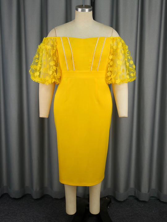 Damen figurbetontes Kleid mit verzierten Puffärmeln und Perlenakzenten R&B