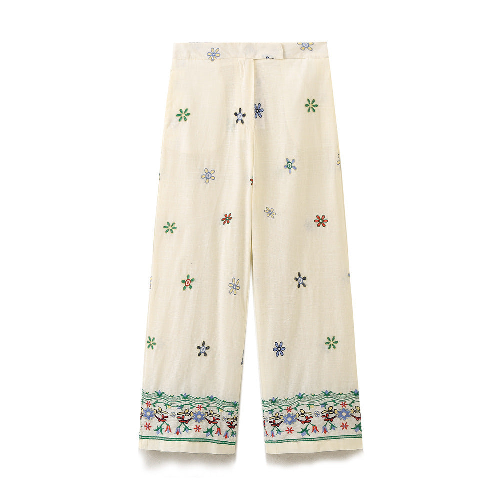 Damen Elegante und lässige weite Stoffhose mit floralem Stickdesign R&B