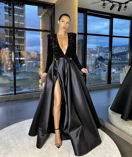 Damen Glamouröses Abendkleid mit tiefem V-Ausschnitt und hochgeschnittenem Rock R&B