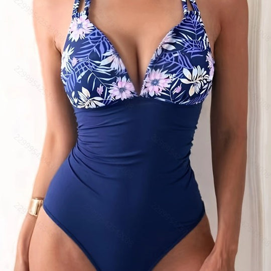 Damen Einteiler Badeanzug mit floralem Design und eleganten Rüschendetails R&B