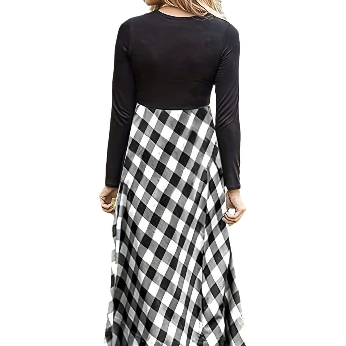 Damen Maxikleid mit modernem Karomuster und langen Ärmeln R&B