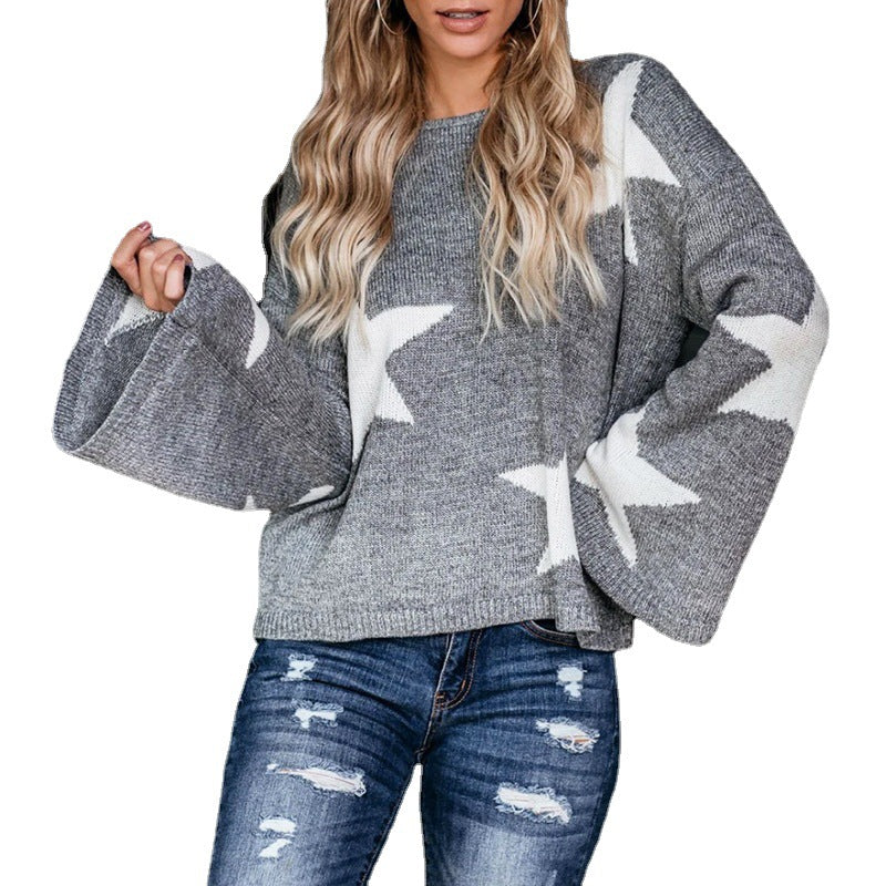 Damen modischer Pullover mit weit ausladenden Ärmeln und Sternenmotiv R&B