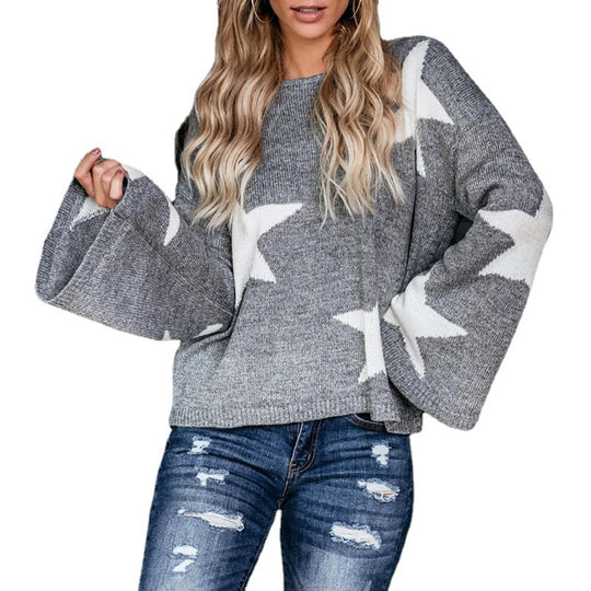 Damen modischer Pullover mit weit ausladenden Ärmeln und Sternenmotiv R&B