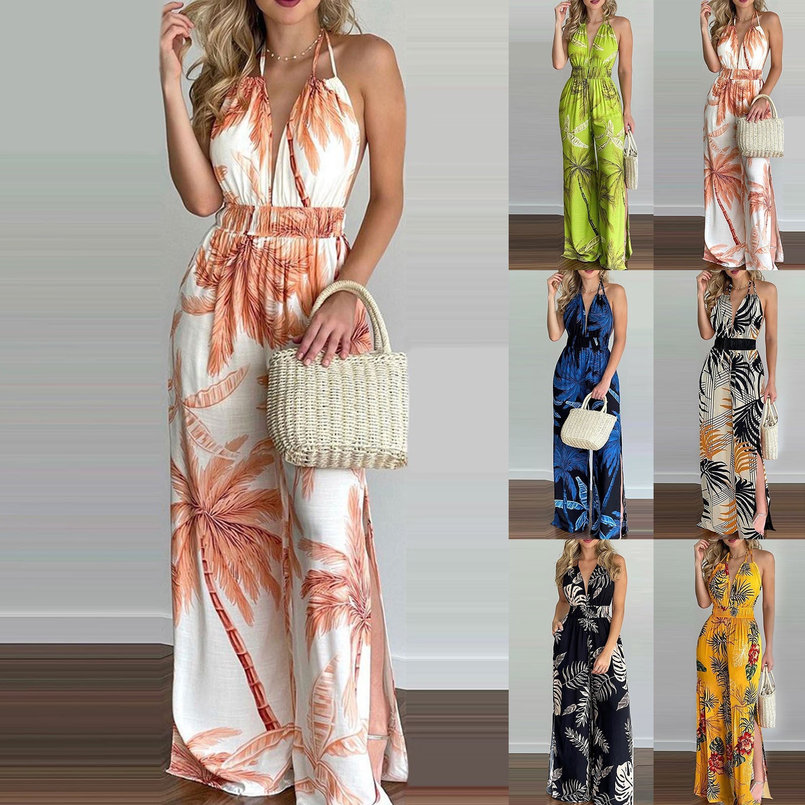 Damen eleganter Jumpsuit mit Spaghettiträgern und hohen Seitenschlitzen R&B