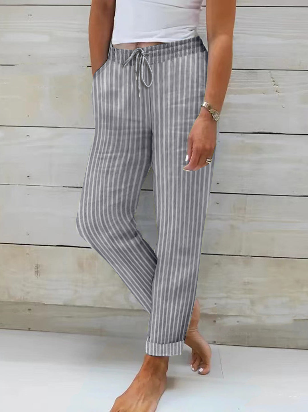Damen entspannte Baumwoll-Streifenhose mit verstellbarem Bund R&B