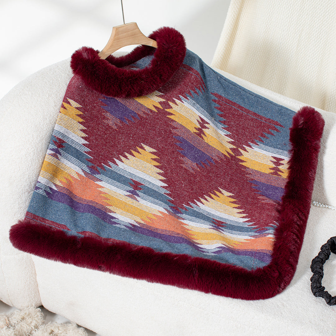 Damen Kuschelpullover mit hochwertigem Kunstfellbesatz und geometrischem Muster R&B