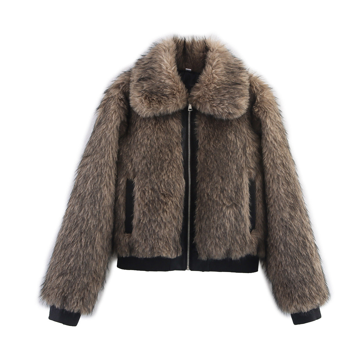 Damen kuschelige Kunstpelzjacke mit modischem Kragen R&B