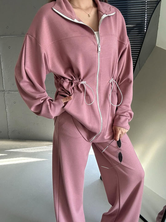 Damen modisches Satin-Sportanzug-Set mit verstellbarem Bund und hohem Kragen R&B