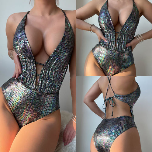 Damen Einteiliger Badeanzug mit aufregendem Cut-Out und schimmerndem Glitzer R&B