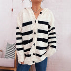 Damen oversized Strickjacke mit kontrastierenden Streifen und Kapuze R&B