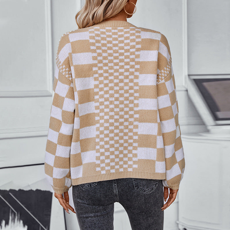 Damen lässige Strickjacke im modischen Karomuster R&B