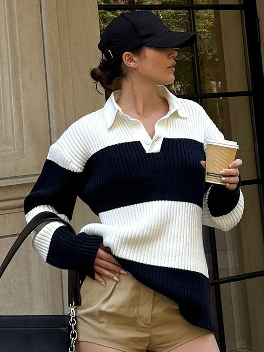 Damen Sportlicher Pullover mit Kragen und Blockstreifen R&B
