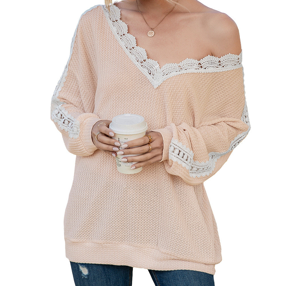 Damen lässiger Pullover mit Spitze und V-Ausschnitt R&B