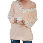 Damen lässiger Pullover mit Spitze und V-Ausschnitt
