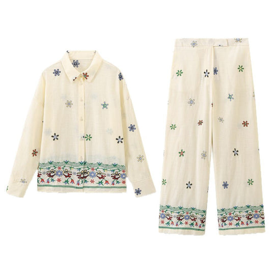 Damen Elegante und lässige weite Stoffhose mit floralem Stickdesign R&B