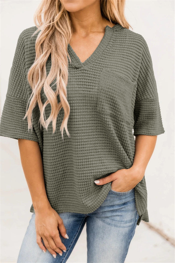Damen casual V-Ausschnitt Oberteil mit strukturiertem Stoff und Seitennahttaschen R&B