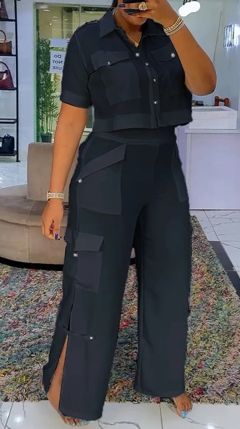 Damen nan zweiteiliges Hemd- und Cargo-Hosen-Set mit kurzem Oversize-Hemd, hoher Taille, weitem Bein und seitlichen Beinschlitzen R&B