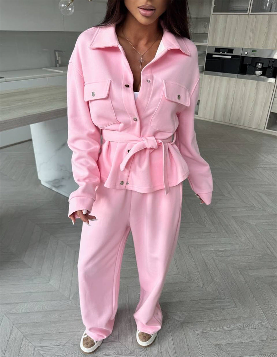 Damen elegantes Loungewear-Set mit Taillengürtel und praktischen Taschen R&B